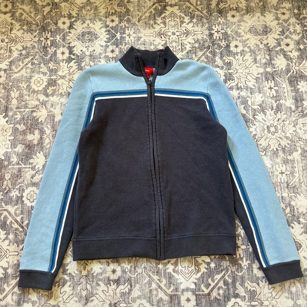 Men's Mossino ski Zip-Up Sweater in Blue and Black stripes